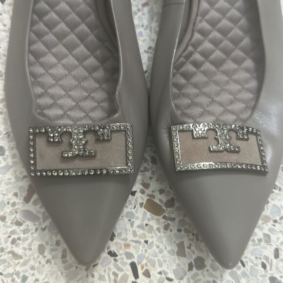 Tory Burch Gigi embellished crystal T logo pointed toe grey flats 11 - Picture 1 of 9